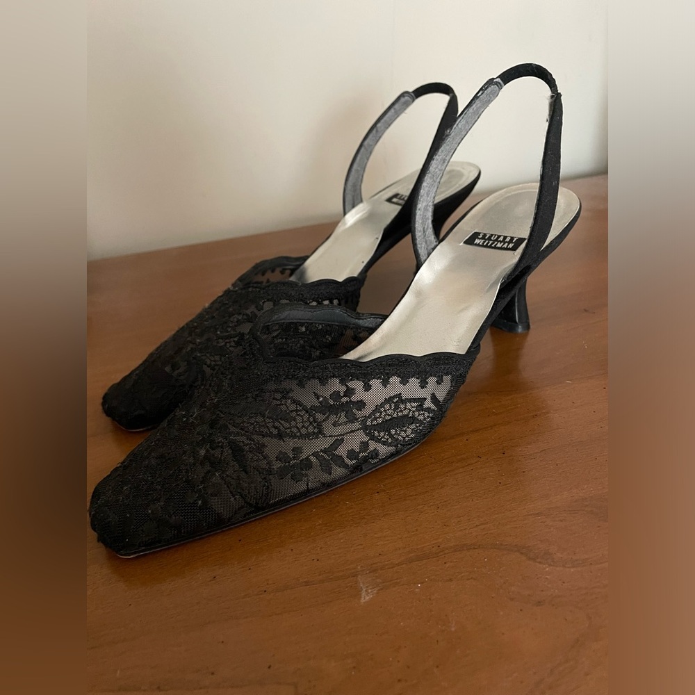 stuart weitzman sheer black lace slingback kitten heel